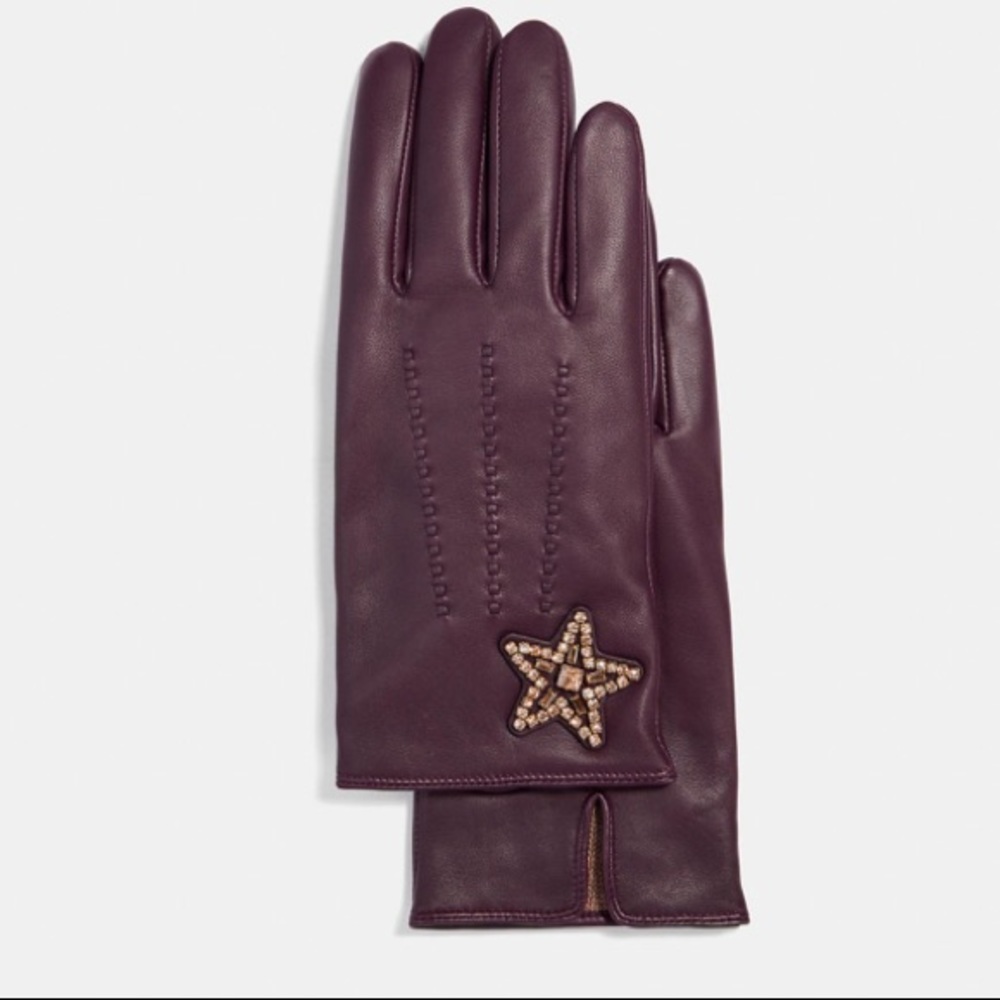 Coach Embellished Star Leather Gloves plum US S